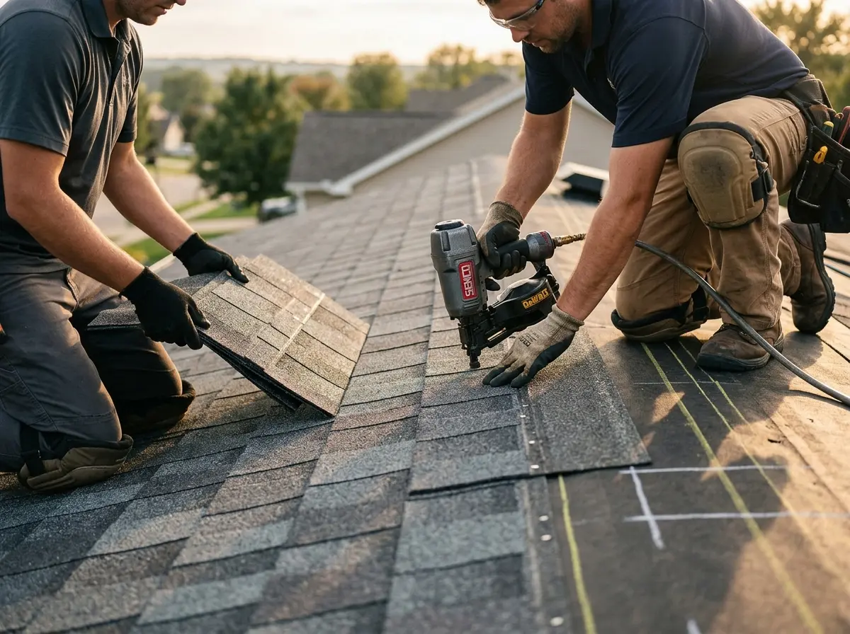 Professional roofer working on a residential roof in Duryea